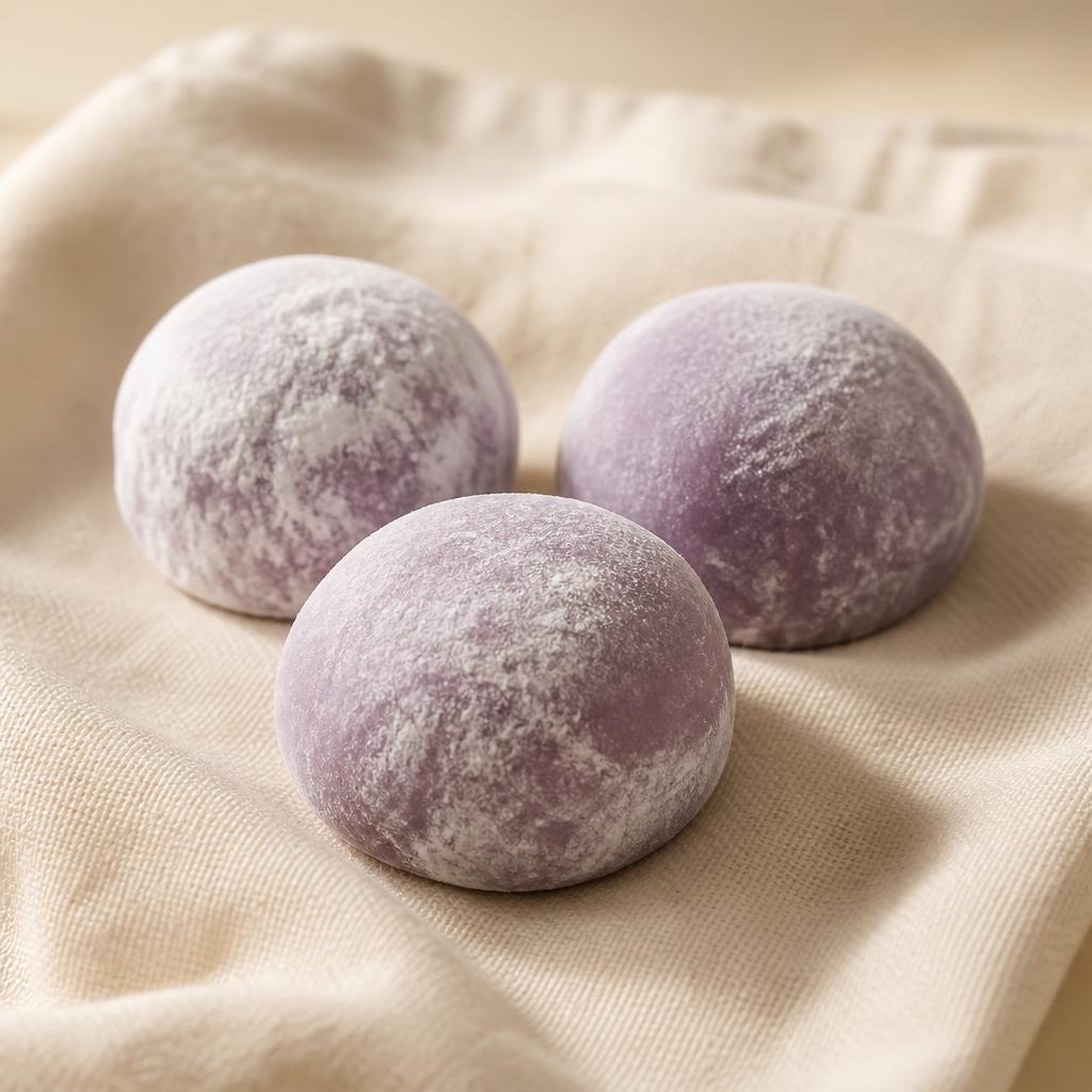 Soft purple mochi on a cream linen napkin